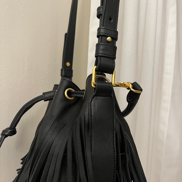 SAINT LAURENT SMALL EMMANUELLE BLACK LEATHER FRINGE BUCKET CROSSBODY BAG - Picture 4 of 13